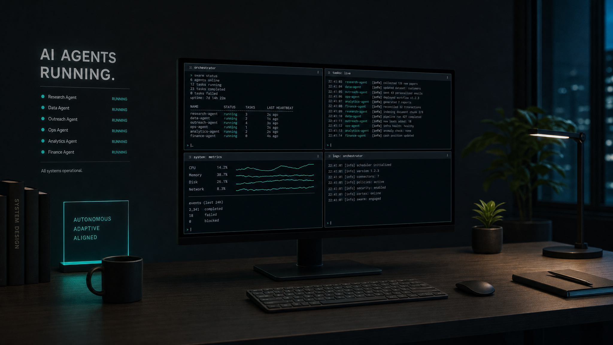 Cinematic night workspace with teal terminal glow showing AI agents dashboard